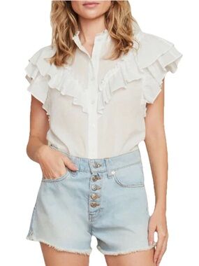 Veronica Beard Jaliyah Cotton White Ruffle Button Front Top L
